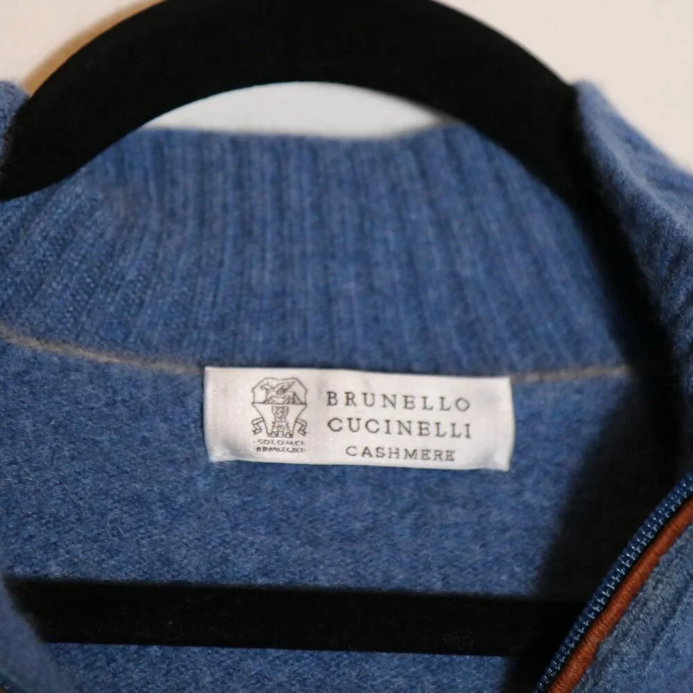 Brunello Cucinelli 100% Cashmere Quarter Zip Sweater 54 Large Blue Leather Trim